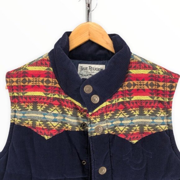True Religion Men’s Navy Serape Corduroy Snap Button Puffer Vest - Picture 2 of 14